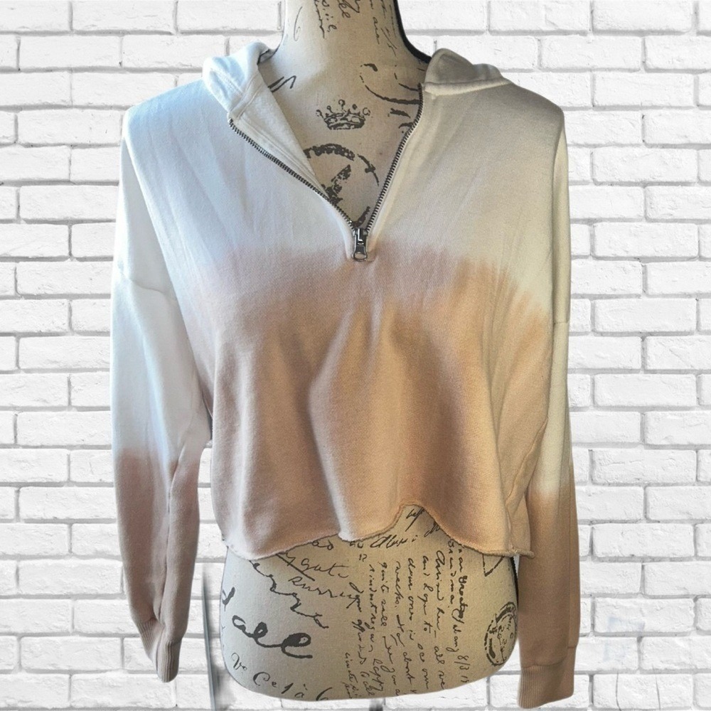 Aerie Women XS Quarter Zip Cropped Hoodie White Tan Ombre Dip Dye Sweatshirt